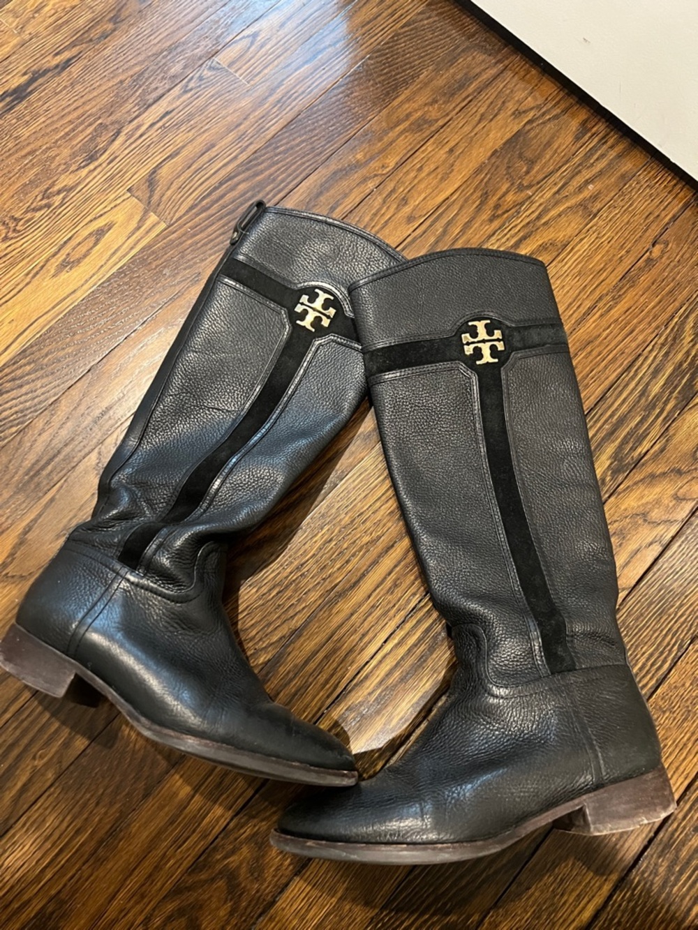 Tory Burch Black Leather Knee-High Riding Boots with Gold Logo
